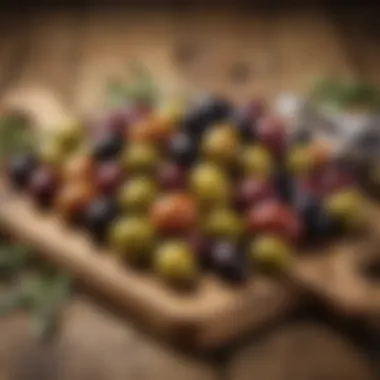 A variety of olives displayed on a rustic wooden board