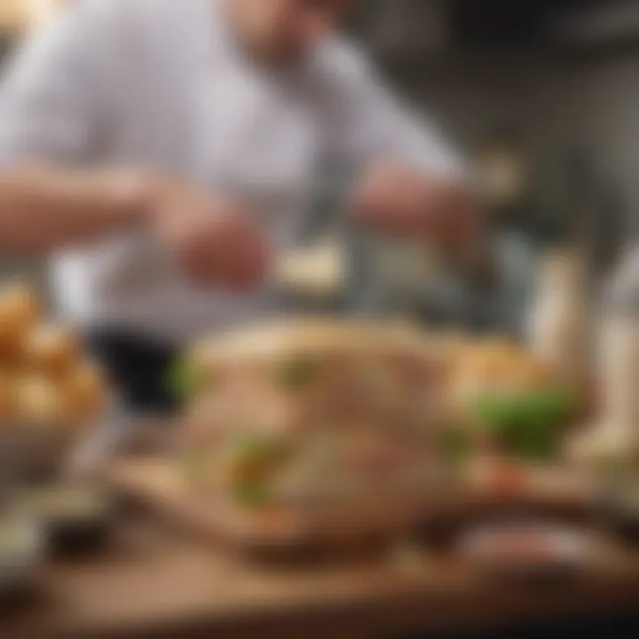 A chef's workspace with tools and ingredients for making a club sandwich