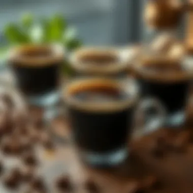 Coffee cups arranged elegantly, displaying freshly brewed coffee and its rich aroma.