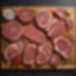An assortment of premium meat cuts arranged on a wooden cutting board showcasing marbling and texture.