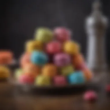 A beautifully arranged assortment of colorful macarons displayed on an antique platter