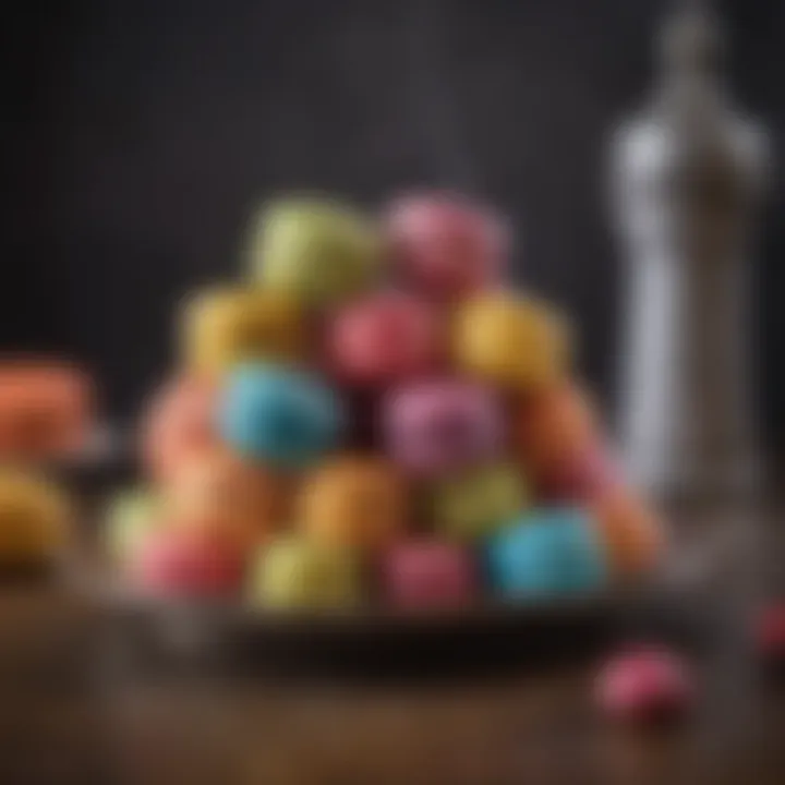 A beautifully arranged assortment of colorful macarons displayed on an antique platter