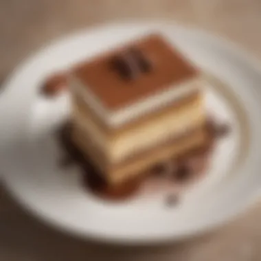 An elegant plate of traditional tiramisu artfully presented with cocoa powder and coffee beans