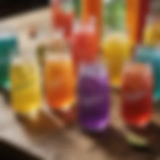 Colorful assortment of electrolyte drinks on a wooden table
