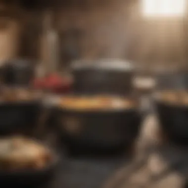 An array of Dutch ovens with price tags and promotional signs