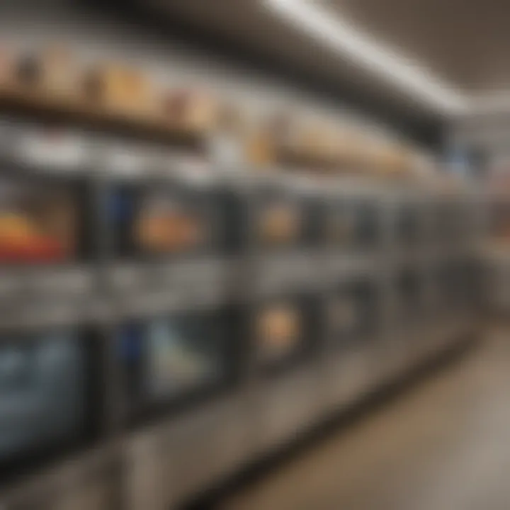 Various economy microwaves displayed in an appliance store