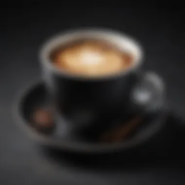 An elegant coffee cup filled with rich, dark flavored black coffee, highlighting its glossy surface.