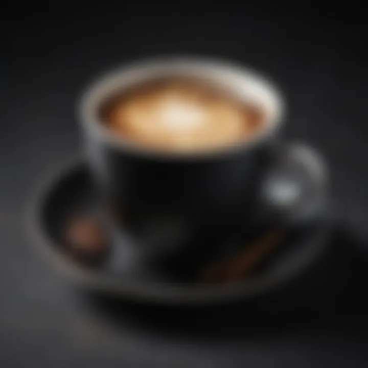 An elegant coffee cup filled with rich, dark flavored black coffee, highlighting its glossy surface.