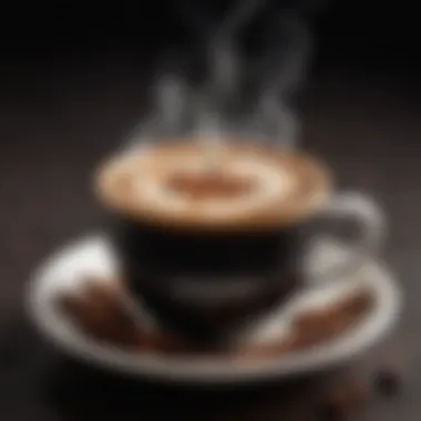 A close-up of a steaming cup of flavored black coffee with a hint of cinnamon and cocoa on the side.