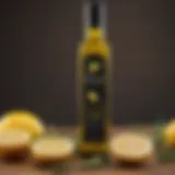 A bottle of premium lemon olive oil showcasing its vibrant color and label design