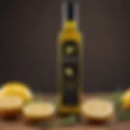 A bottle of premium lemon olive oil showcasing its vibrant color and label design