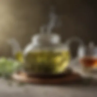 An elegant teapot with freshly brewed loose leaf green tea steeping, emitting a gentle steam.