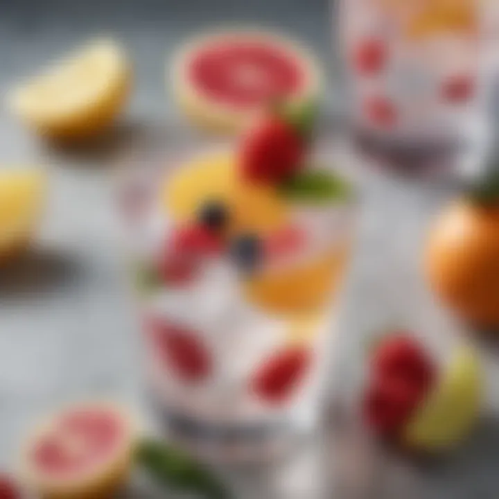 Close-up of a low-calorie spiked seltzer with fruit garnishes