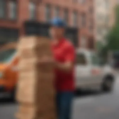 A delivery person with a stack of pizza boxes