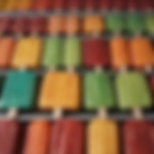 A vibrant assortment of colorful popsicles displayed in a grocery store freezer