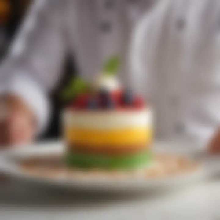 A chef presenting a beautifully plated modern Italian dessert.