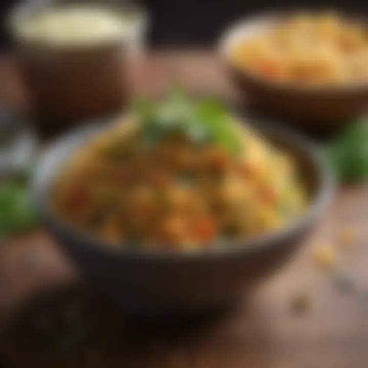 A steaming bowl of bulgur with herbs and spices