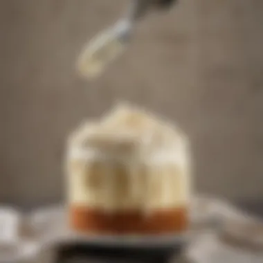 Velvety Cream Cheese Frosting on Cake A close-up view of velvety cream cheese frosting swirled elegantly on a decadent cake