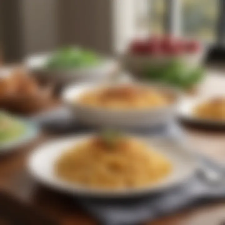 An elegant table setting featuring keto mac and cheese and a side salad