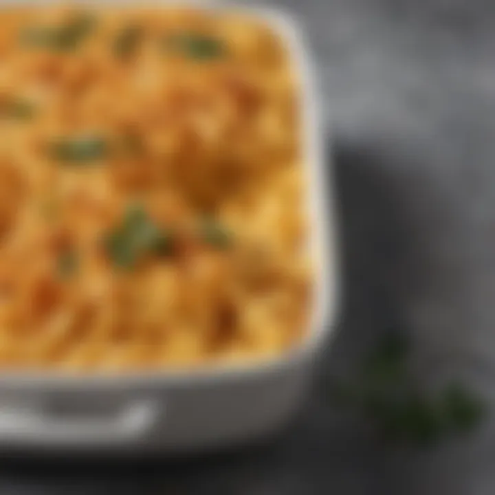 A close-up of keto mac and cheese garnished with fresh herbs