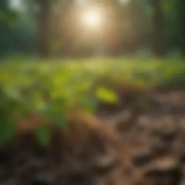 A serene ginseng field under the morning sun, showcasing the vibrant greenery and roots.