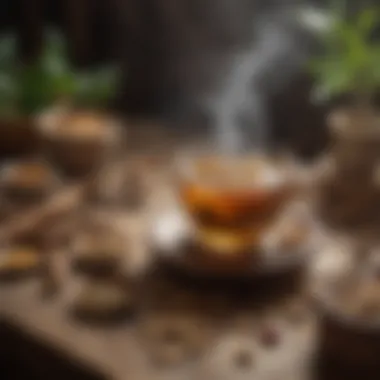 A steaming cup of ginseng tea placed on a wooden table, surrounded by dried ginseng and herbal ingredients.