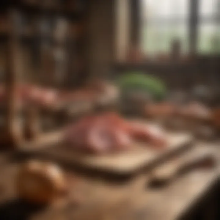 A rustic setting featuring artisanal tools and ingredients used in ham production.