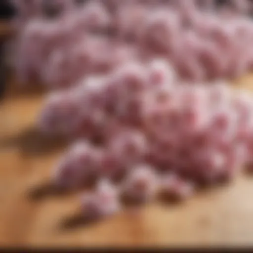 A close-up of salted cherry blossoms arranged elegantly on a wooden board