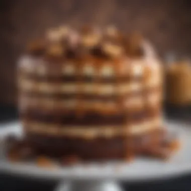 Decadent layers of Snickers cake showcasing rich chocolate and caramel