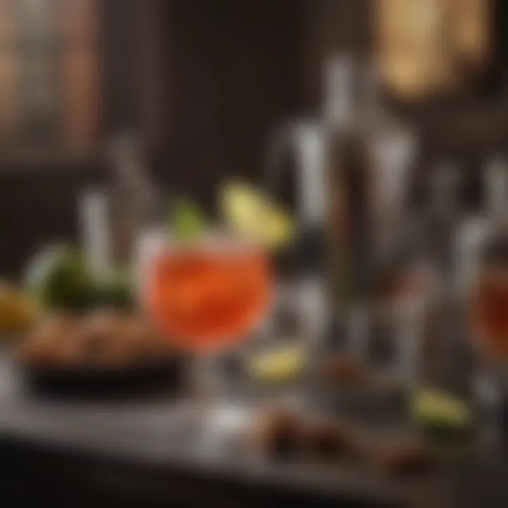 A beautifully arranged cocktail setup with tools and ingredients
