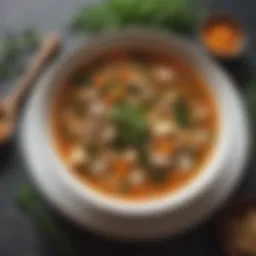 A bowl of rich and hearty winter soup garnished with fresh herbs