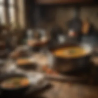 A rustic kitchen setting showcasing a simmering pot of soup on the stove