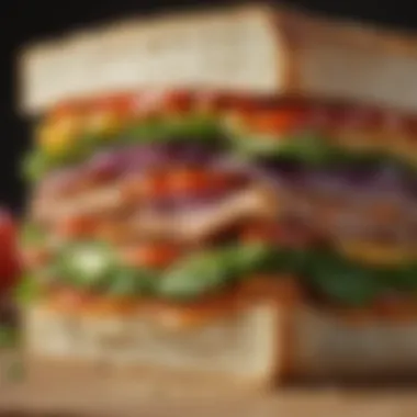 A close-up of a sandwich showcasing layers of flavor and texture