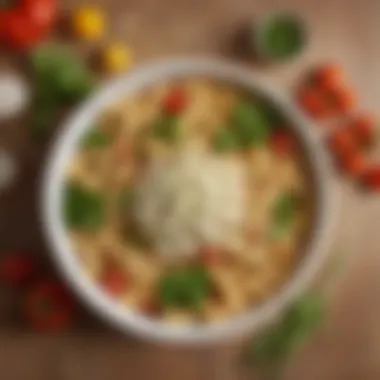 Pasta Bowl with Ranch Seasoning A bowl of pasta coated with ranch seasoning, garnished with fresh herbs and vegetables.