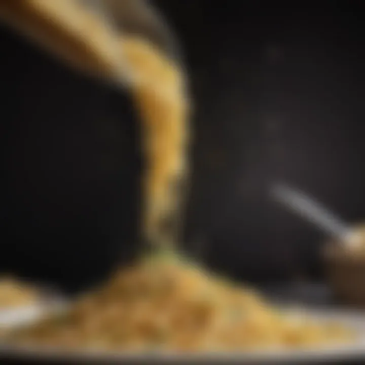 A close-up of ranch seasoning being sprinkled over freshly cooked pasta.