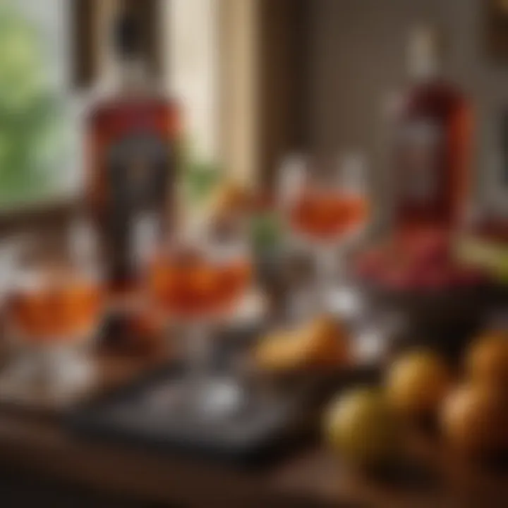 An elegant table setting with whiskey cocktails, fresh fruit, and sophisticated glassware.