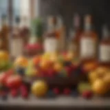 A vibrant display of assorted fruits and whiskey bottles arranged artistically.
