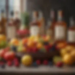 A vibrant display of assorted fruits and whiskey bottles arranged artistically.