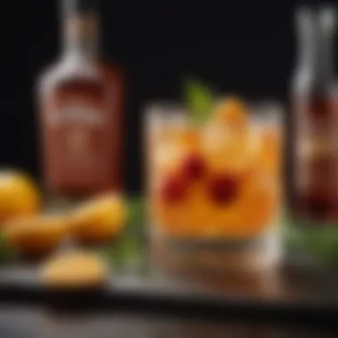 Fruity Whiskey Cocktail Delight A cocktail glass filled with a fruity whiskey drink garnished with fresh herbs.
