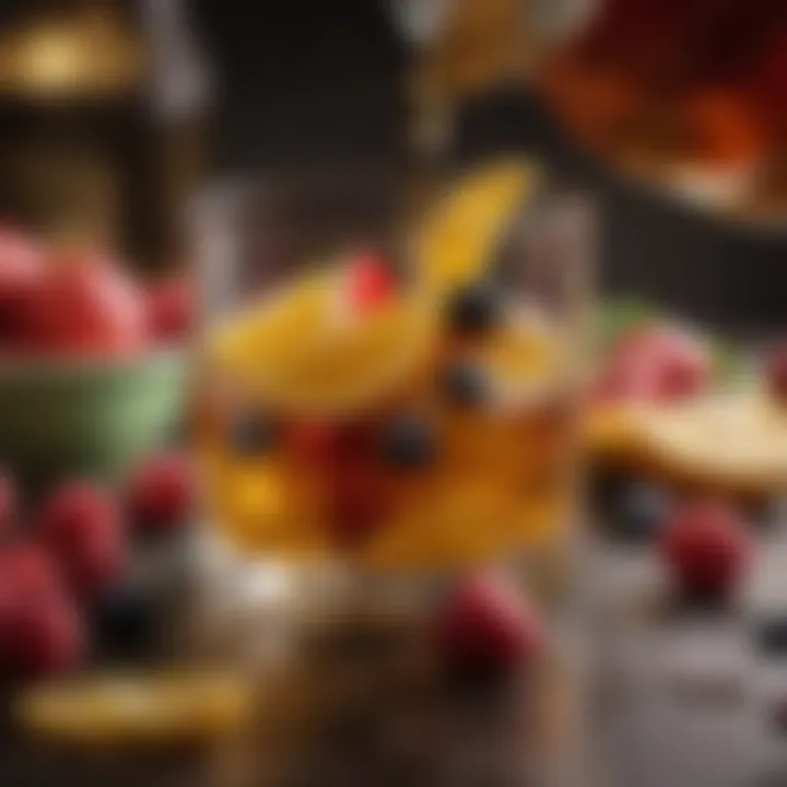 Rich amber whiskey poured over a bed of fresh, vibrant fruit slices.
