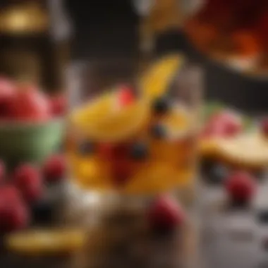 Whiskey Poured Over Fresh Fruit Rich amber whiskey poured over a bed of fresh, vibrant fruit slices.