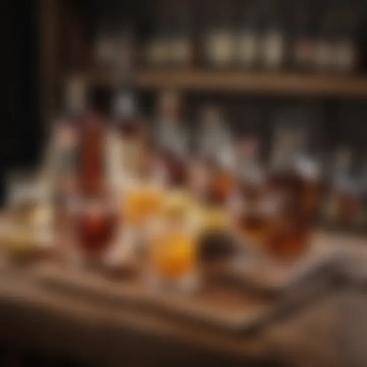 An assortment of liquors including whiskey, rum, and brandy on a wooden bar