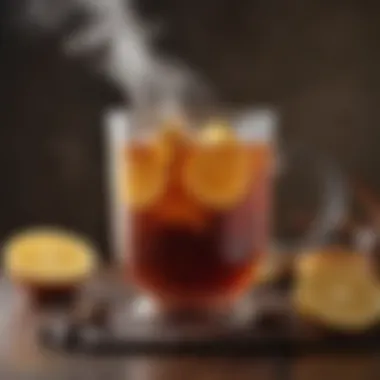 Close-up of a steaming mug of hot toddy with a rich amber color