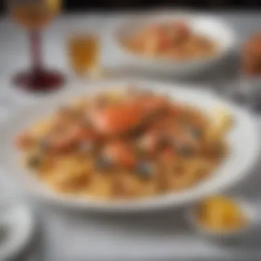 Elegant Table Setting of Seafood and Pasta An elegant table setting featuring foster crab and pasta as the centerpiece