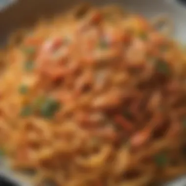 Close-up of a vibrant pasta dish showcasing the fusion of flavors