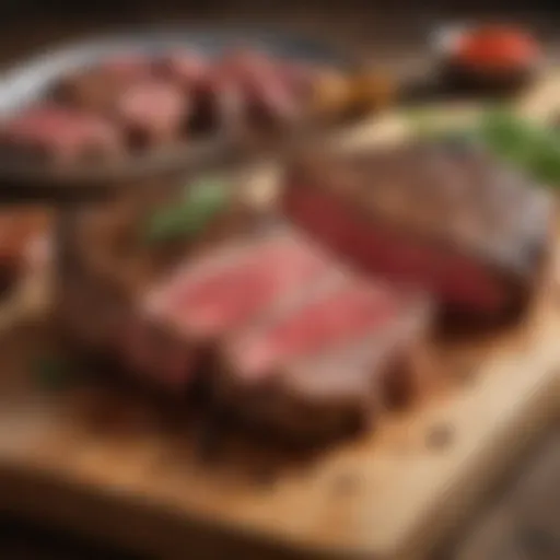 An assortment of premium steak cuts displayed on a wooden board