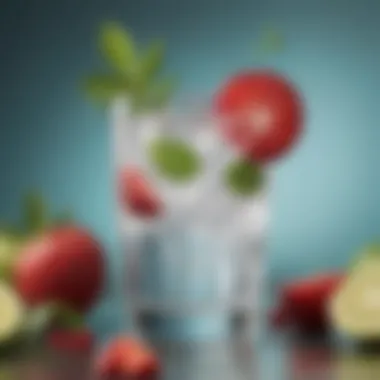 A close-up of a refreshing seltzer drink garnished with fruits and herbs