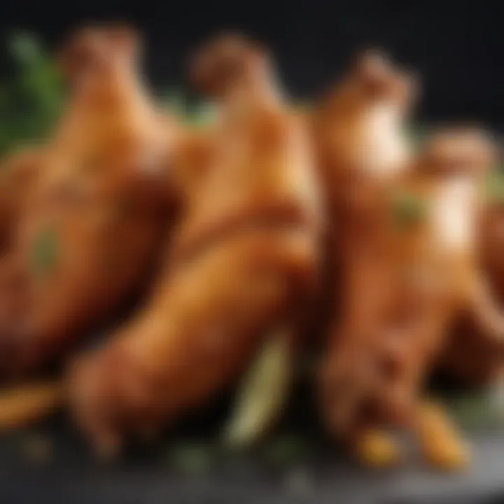 A close-up of mouth-watering whole fried chicken wings garnished with herbs