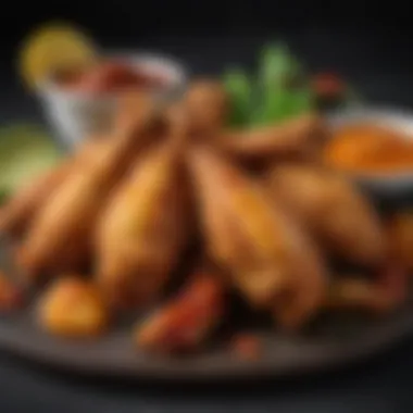 Crispy whole fried chicken wings plated with vibrant sauces and garnishes