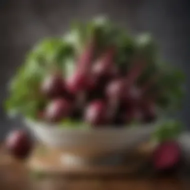 Fresh Beets with Leafy Greens A bowl of fresh beets alongside leafy greens
